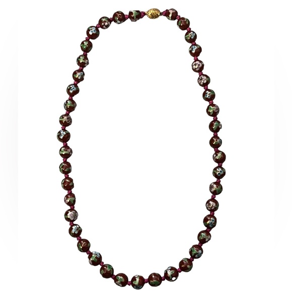 Vintage Chinese Cloisonné Knotted Opera Necklace Glass Lotus Beads 24” - Picture 2 of 7